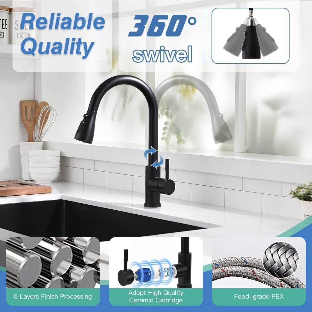 360° Kitchen Sink Mixer Tap – Pull-Out Spout Spray – Single Lever Modern Mono Mixer - Black