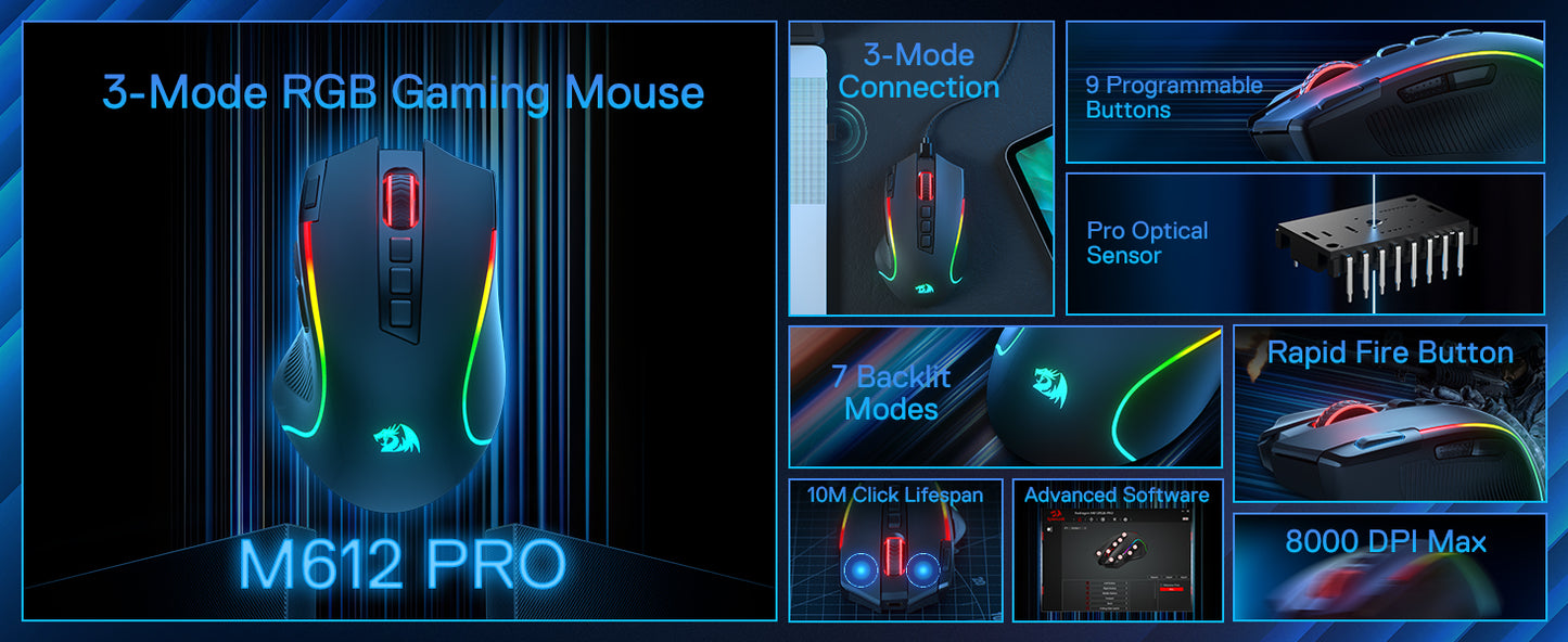 Redragon M612 PRO Wireless Gaming Mouse - 8000 DPI RGB Gaming Mouse with 11 Programmable Buttons for UK Gamers