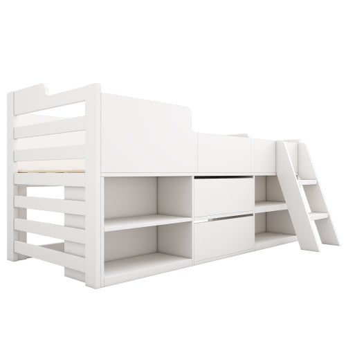 Kids Cabin Bed with Storage – 3ft Single (90×190cm) Mid Sleeper Bed Frame with Drawers & Shelves | White | UK