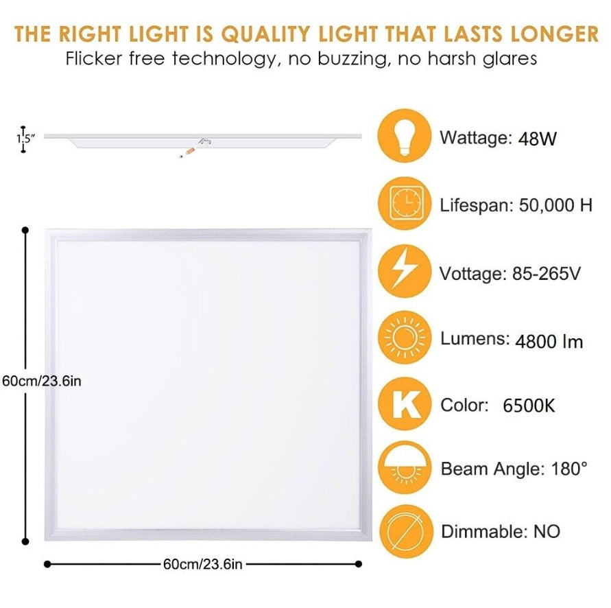 48W 600x600mm LED Panel Light – Cool White 6500K, Ultra-Slim Ceiling Panel with 3-Year Warranty, 4800 Lumens, Commercial & Office Lighting