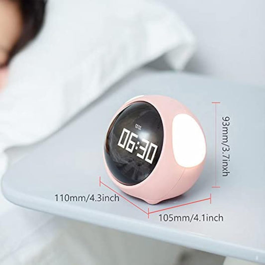 Kids Alarm Clock with Night Light & Sleep Trainer | USB Rechargeable, Emoji Face, Voice Activated — Pink