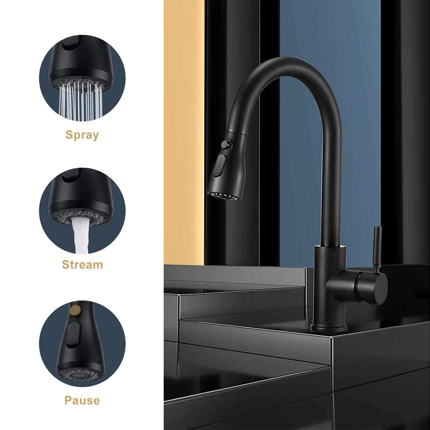 360° Kitchen Sink Mixer Tap – Pull-Out Spout Spray – Single Lever Modern Mono Mixer - Black