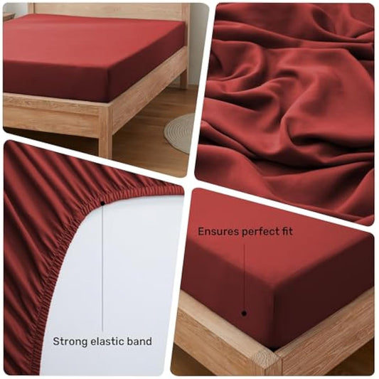Puredown King Size Fitted Sheet – Deep 35cm Brushed Microfibre Bed Sheet Red