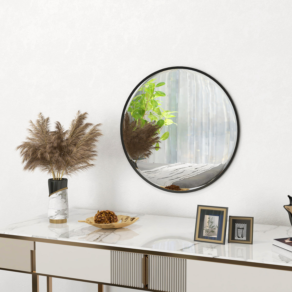61cm Round Wall Mirror | Modern Black Frame, Bedroom, Living Room & Bathroom