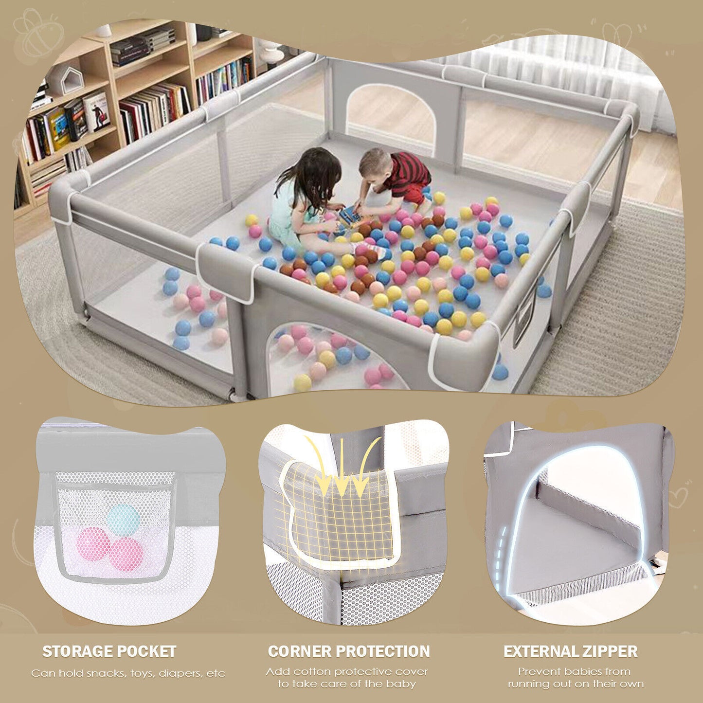 Baby Playpen with Mat – Indoor & Outdoor Activity Fence for Toddlers - Grey