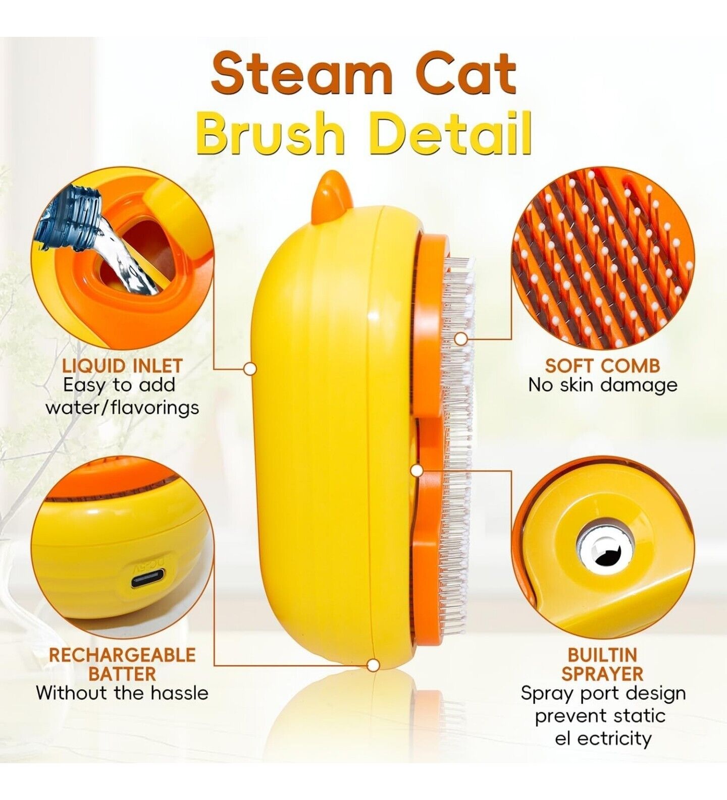 QSMYUYE 3-in-1 Steam Pet Grooming Brush - Self-Cleaning, Hair Removal & Massage