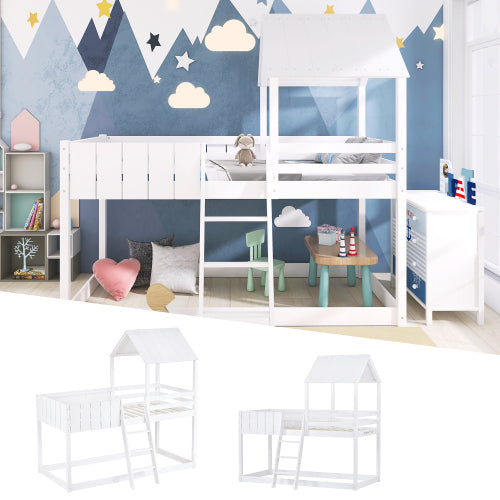 Wooden Mid Sleeper Bed (3ft Single) – Treehouse Canopy Loft Bed with Ladder & Guard Rail (90×190cm) | White | UK