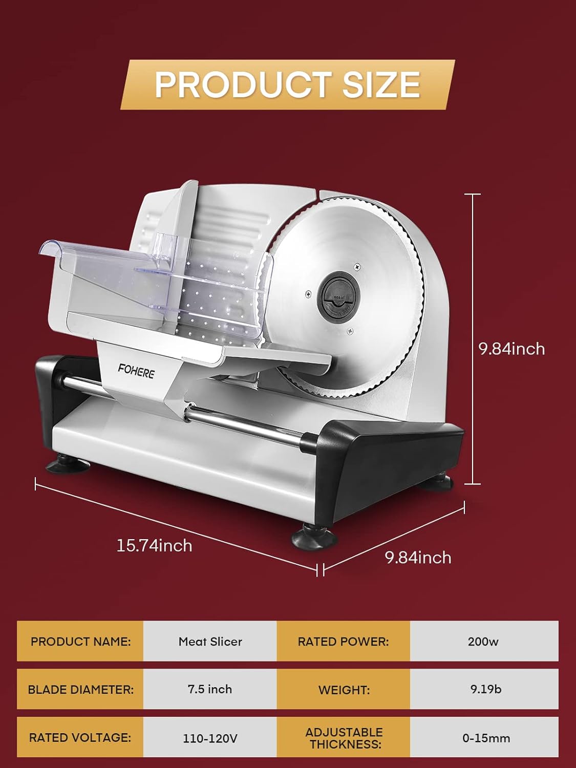 Fohere Electric Meat Slicer – 200W with 19cm Blade, 0–15mm Adjustable Thickness, Safety Pusher | Silver | UK