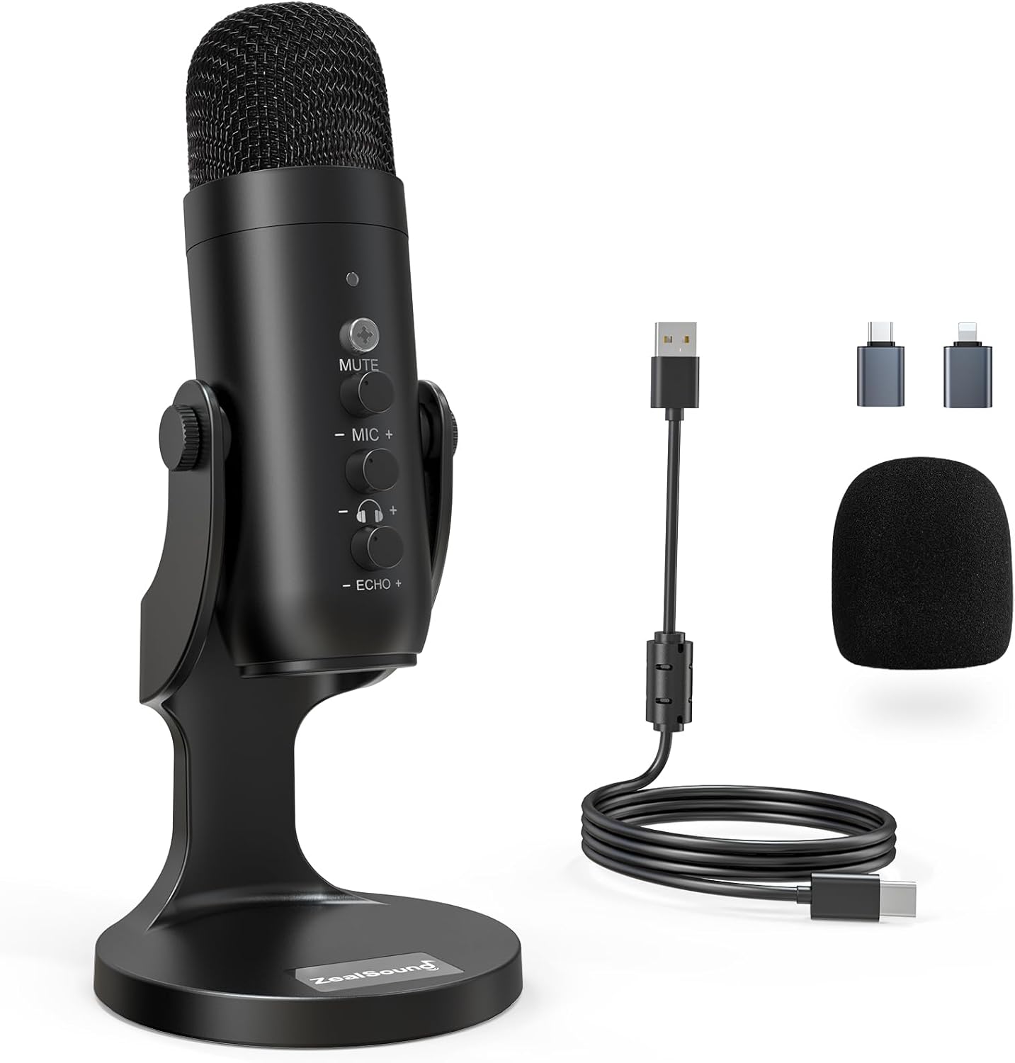 Black USB microphone with stand, cable, and additional components on a white background