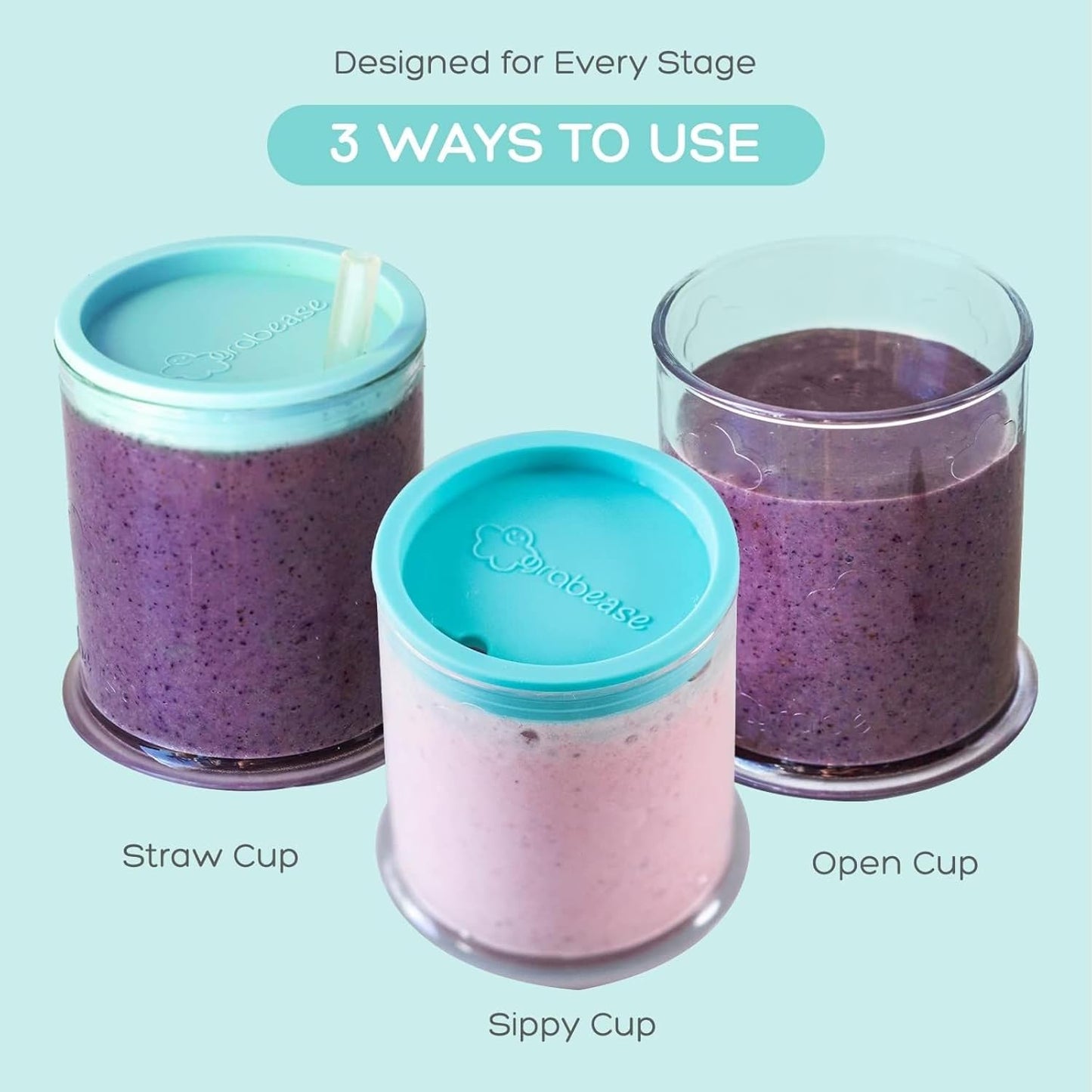 Grabease 3-in-1 Baby Training Cup – BPA-Free Silicone Sippy Cup with Straw, Lid & Mini Open Cup for 6+ Months – Leakproof, Easy-Clean Weaning Cup (Teal)
