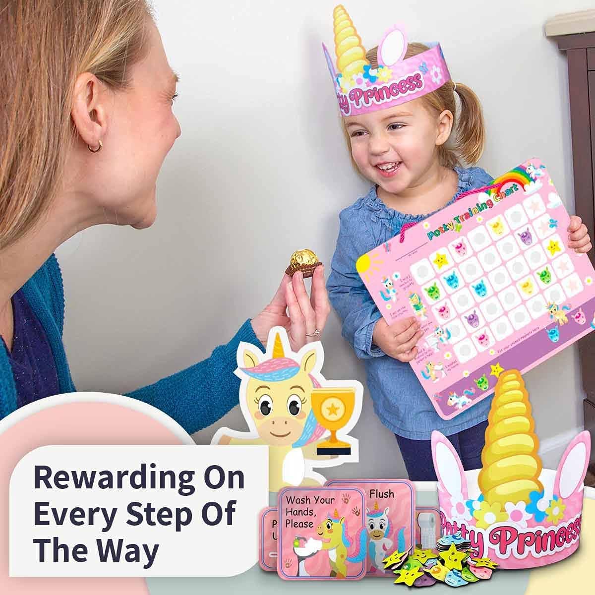 Putska Unicorn Potty Training Chart for Girls – Includes 35 Reusable Magnetic Stickers, Crown & Reward System – Toddler Toilet Training Reward Chart with 3 Reminder Stickers – Fun, Durable & Waterproof