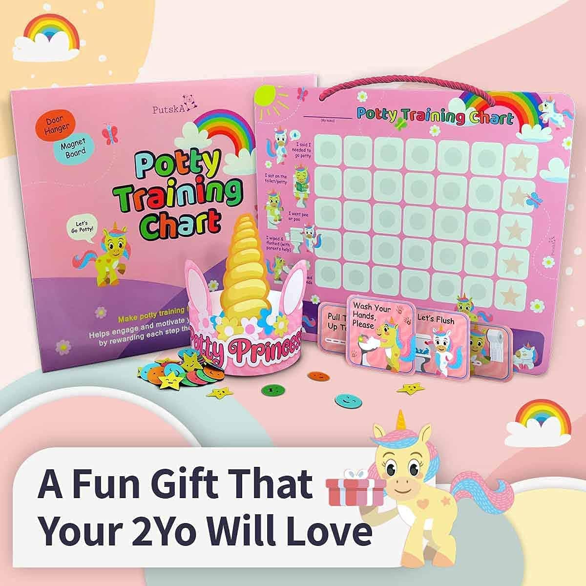 Putska Unicorn Potty Training Chart for Girls – Includes 35 Reusable Magnetic Stickers, Crown & Reward System – Toddler Toilet Training Reward Chart with 3 Reminder Stickers – Fun, Durable & Waterproof