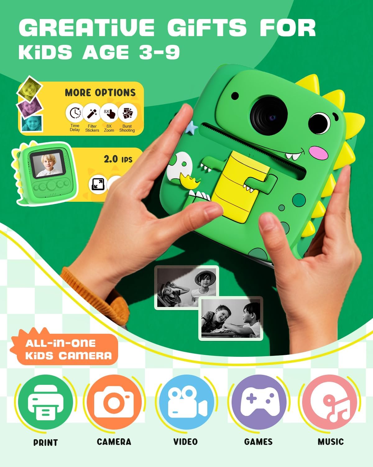 Lenudar Kids Camera Instant Print, 1080P Kids Digital Camera, Girls Boys Toys Age 3-9, Christmas Birthday Gifts Toys for 3 4 5 6 7 8 9 Year Old Boys Girls (Green)