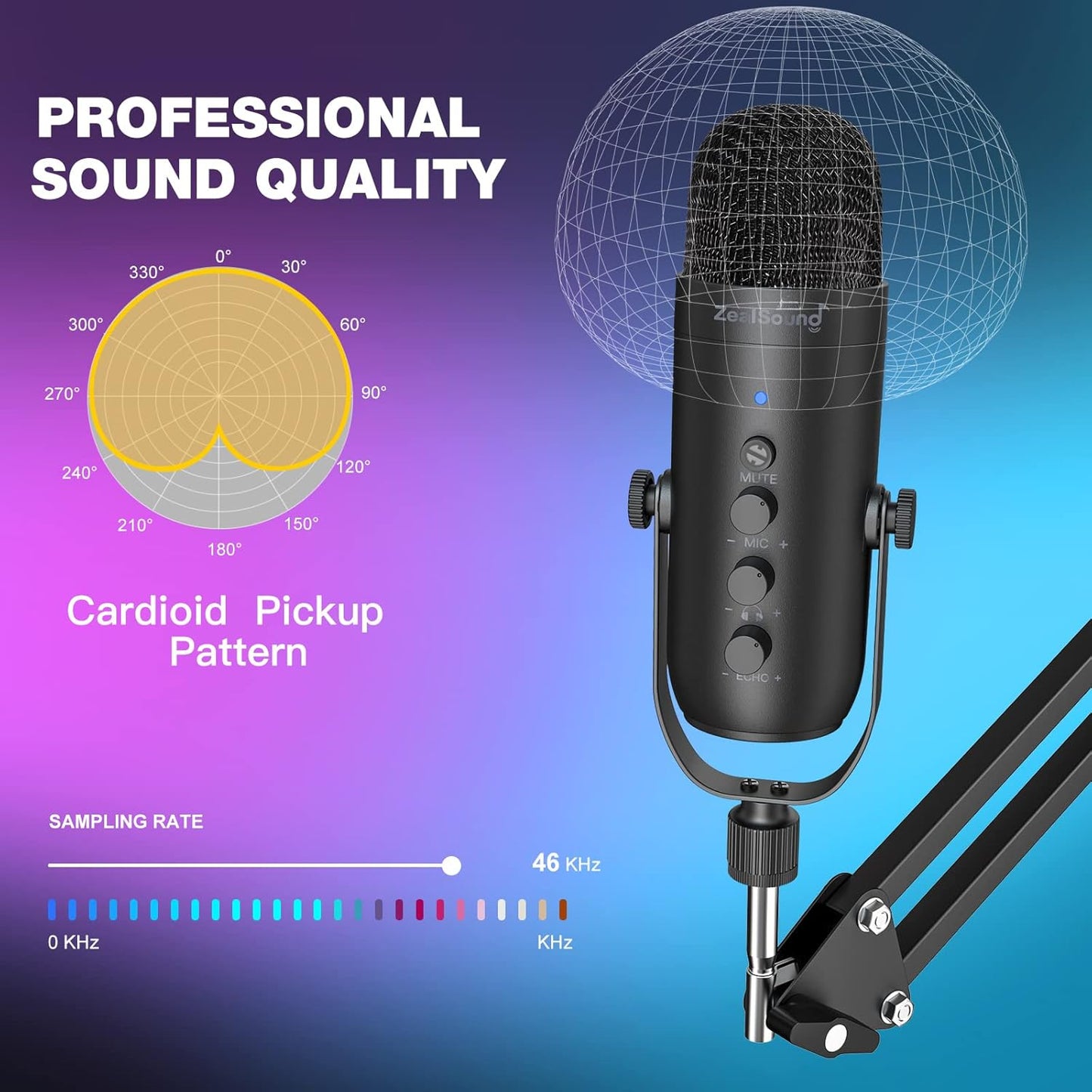 ZealSound K66 USB Microphone Set with Boom Arm - Professional Podcast Gaming Streaming Mic for UK Content Creators