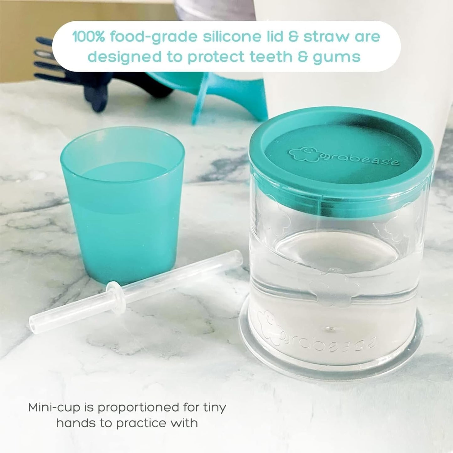 Grabease 3-in-1 Baby Training Cup – BPA-Free Silicone Sippy Cup with Straw, Lid & Mini Open Cup for 6+ Months – Leakproof, Easy-Clean Weaning Cup (Teal)