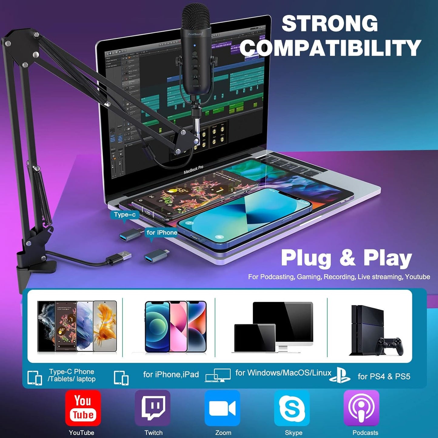 ZealSound K66 USB Microphone Set with Boom Arm - Professional Podcast Gaming Streaming Mic for UK Content Creators