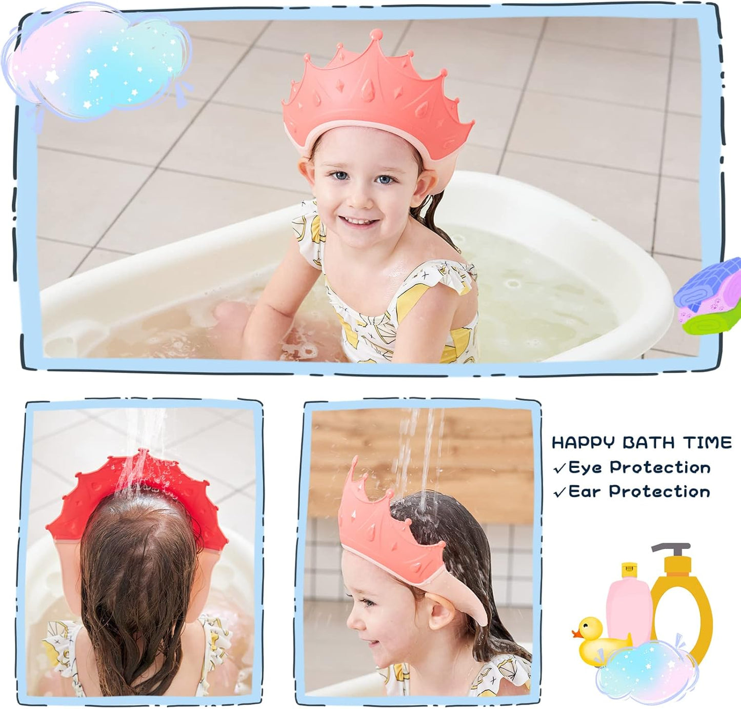 2 Pcs Baby Shower Cap Shield – Kids Shampoo Visor Hat for Eye and Ear Protection Cute Crown Design – Adjustable for 0–9