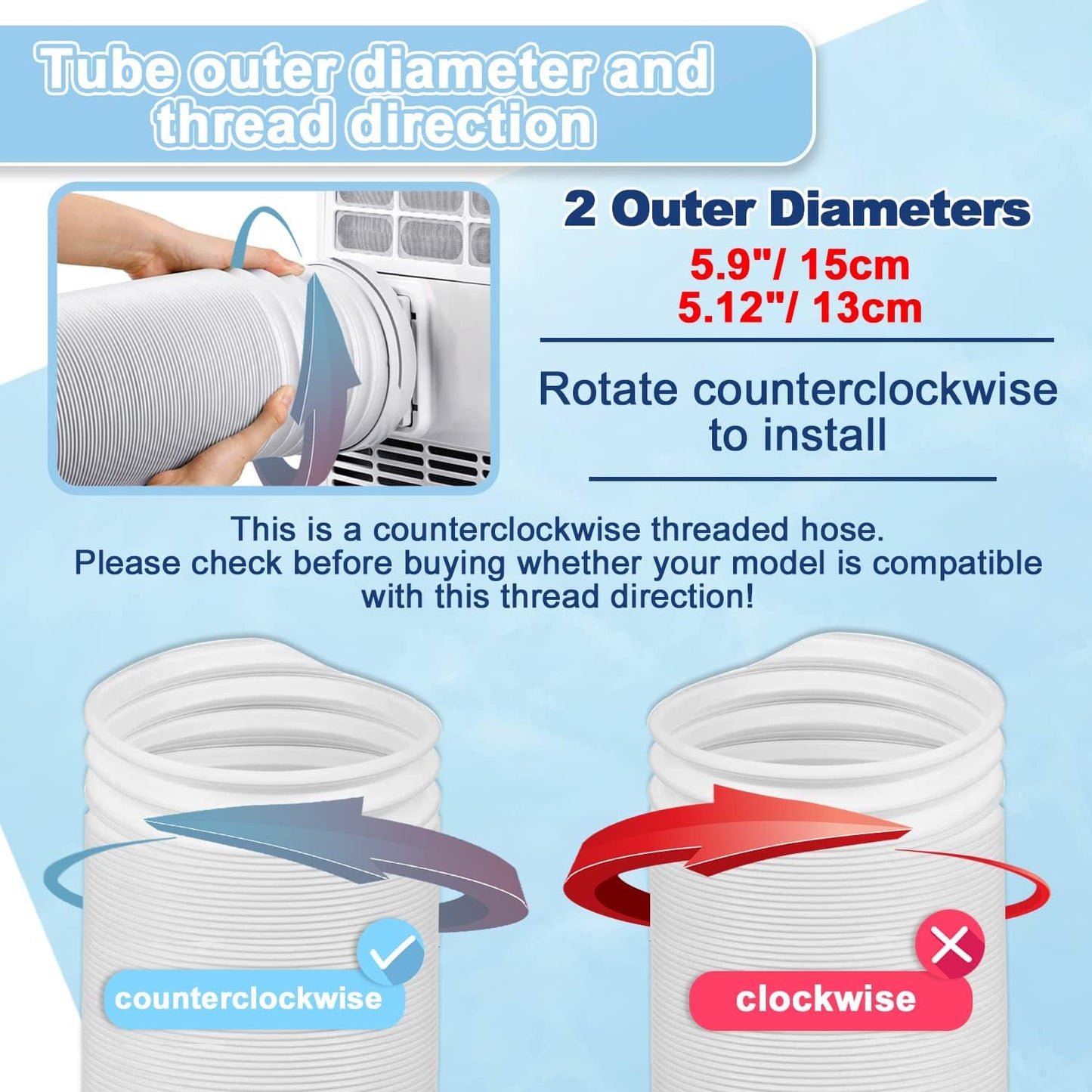 BULLA Air Conditioner Exhaust Hose Extension – 5.9’’/5.12’’ Diameter 118’’ Long Portable AC Vent Hose Anti-Clockwise