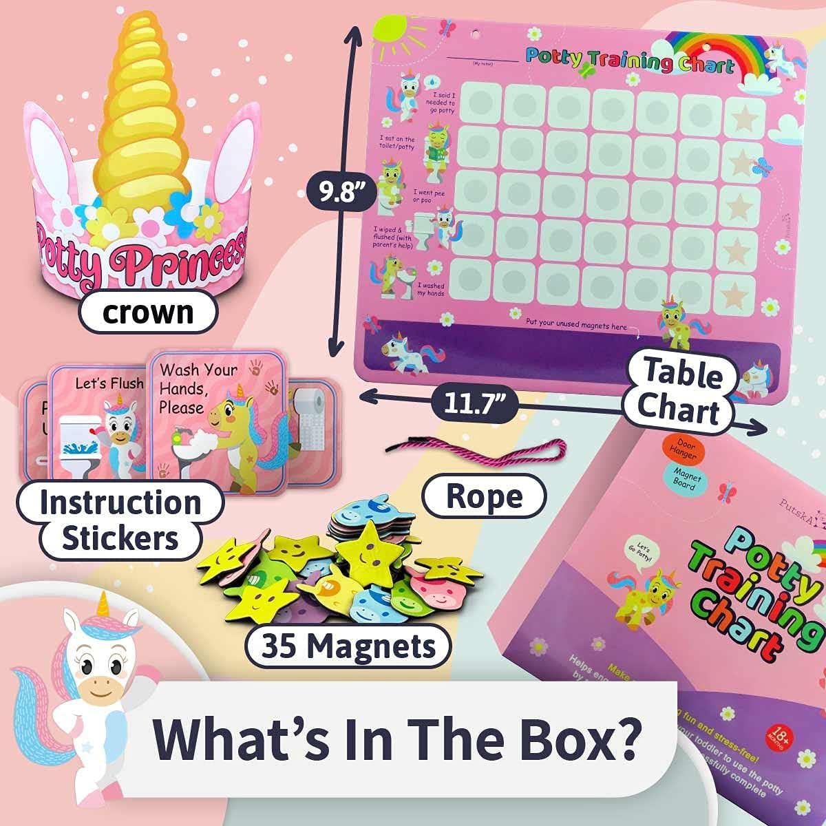 Putska Unicorn Potty Training Chart for Girls – Includes 35 Reusable Magnetic Stickers, Crown & Reward System – Toddler Toilet Training Reward Chart with 3 Reminder Stickers – Fun, Durable & Waterproof