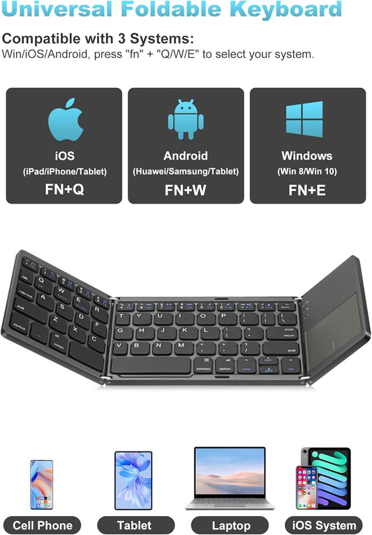 SOPPY Foldable Bluetooth Keyboard with Touchpad – USB Rechargeable Tri‑Fold Mini Wireless