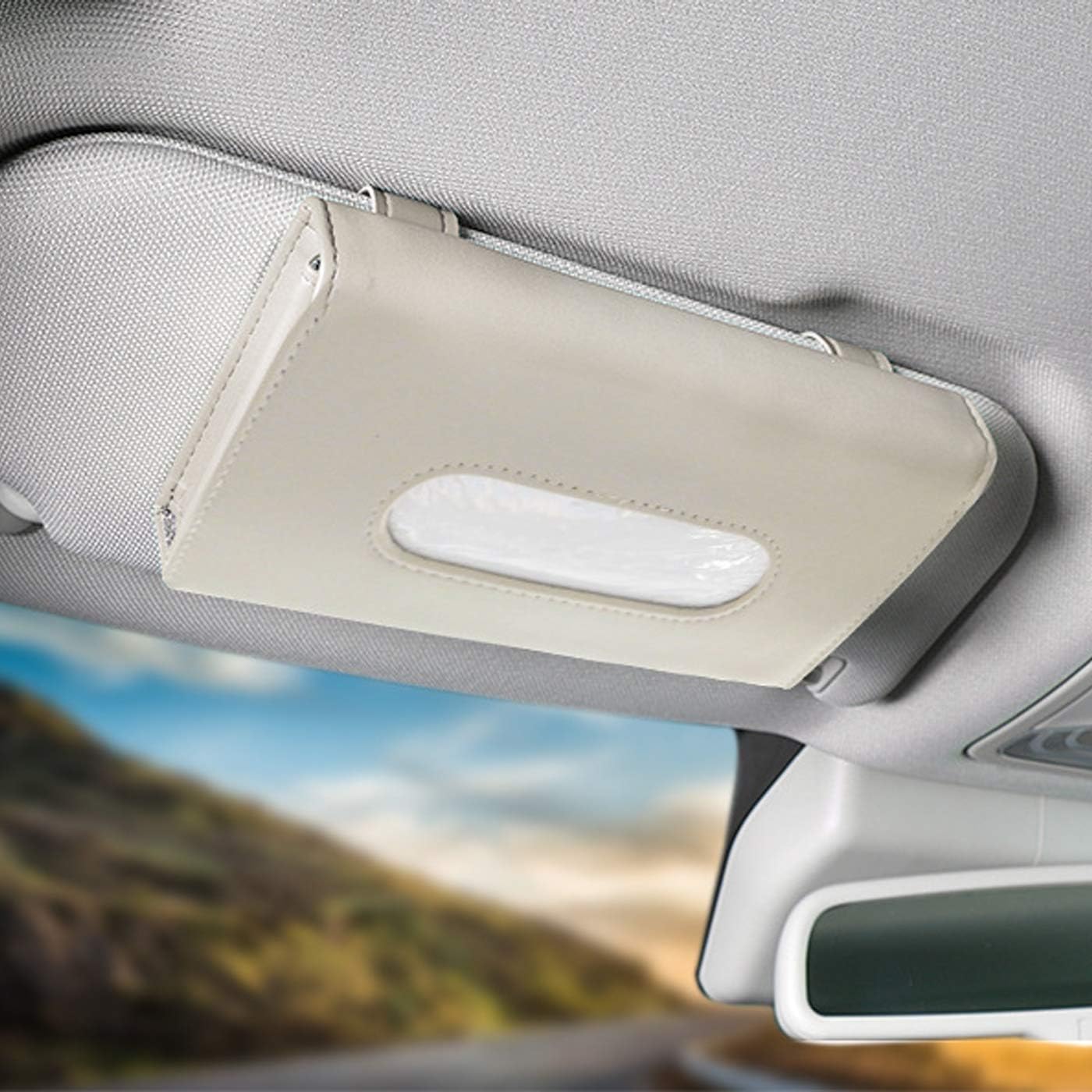Car Visor Tissue Box – Creamy-White PU Leather Car Tissue Holder, Backseat & Sun Visor Organiser, Rectangular Tissue Dispenser for Car Accessories