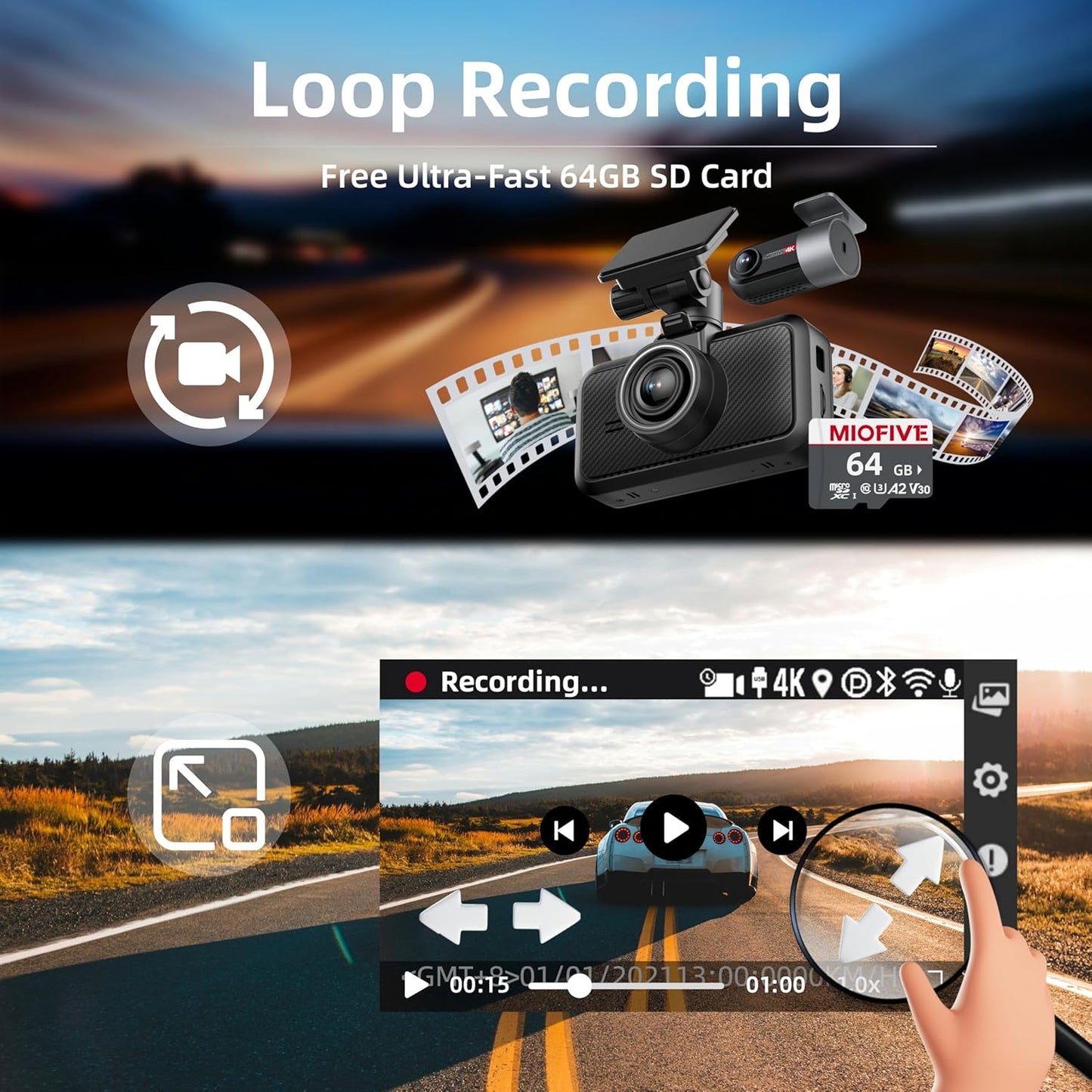 Miofive 4K Dash Cam Front and Rear, 5GHz Wi-Fi & GPS Dashcam with 64GB SD Card, Dual Car Camera Dash Cam with Parking Monitor, Night Vision, HDR, G-Sensor, Loop Recording, APP Control, Max 512GB