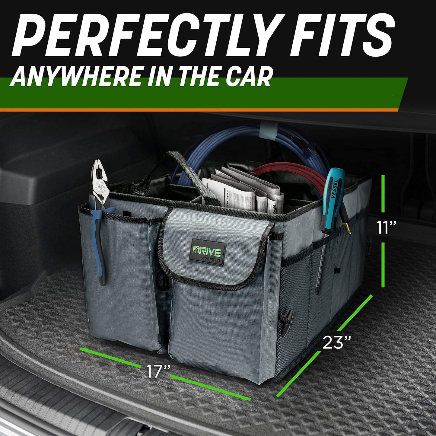 Drive Auto Car Boot Organiser – Robust, Collapsible, Multi-Compartment Car Trunk Organizer Box w/Adjustable Straps & Handles - Essential Car Accessories