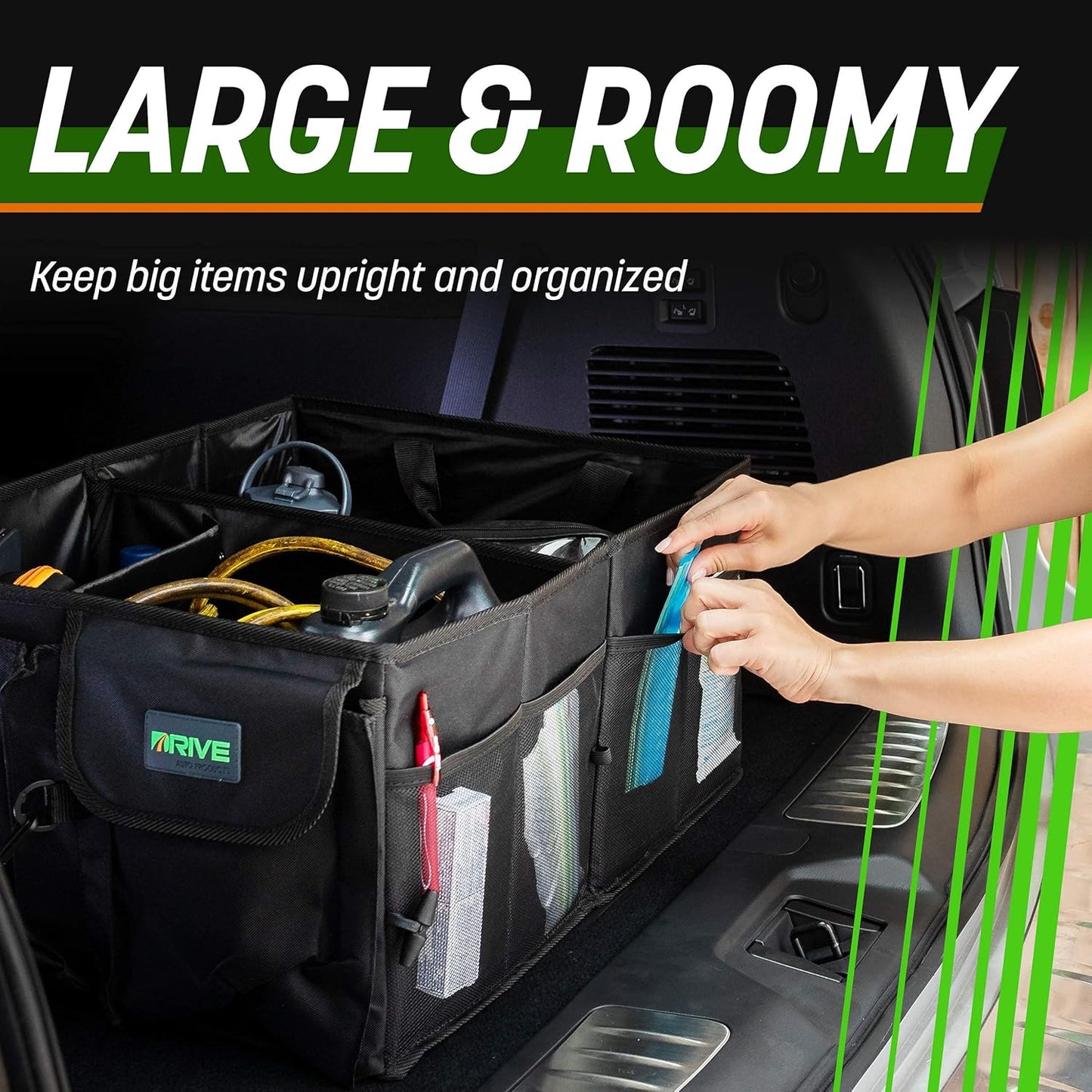 Drive Auto Car Boot Organiser – Robust, Collapsible, Multi-Compartment Car Trunk Organizer Box w/Adjustable Straps & Handles - Essential Car Accessories