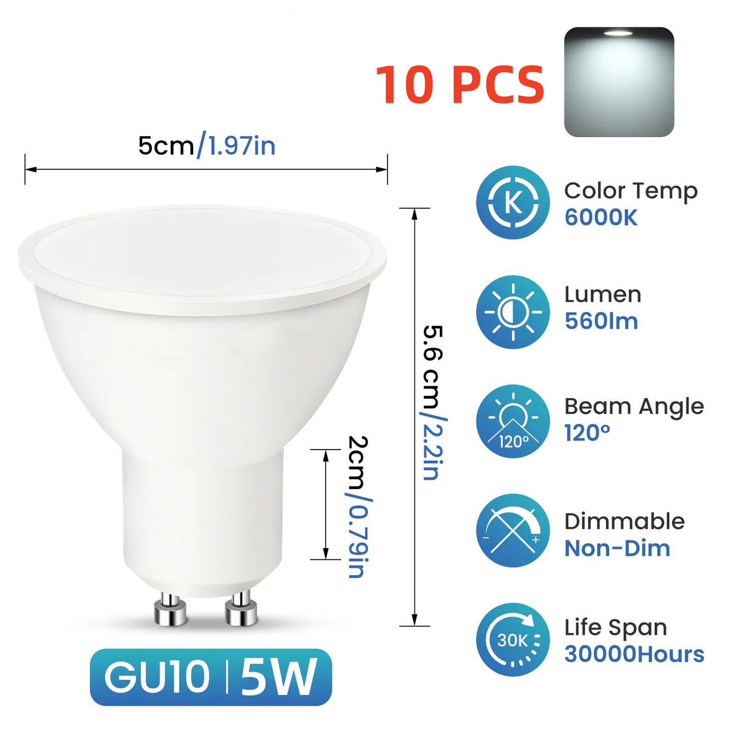 10x GU10 LED Bulbs 5W – Energy Saving 6000K Cool Day White Spotlights – 120° Beam, 800 Lumen, Non-Dimmable