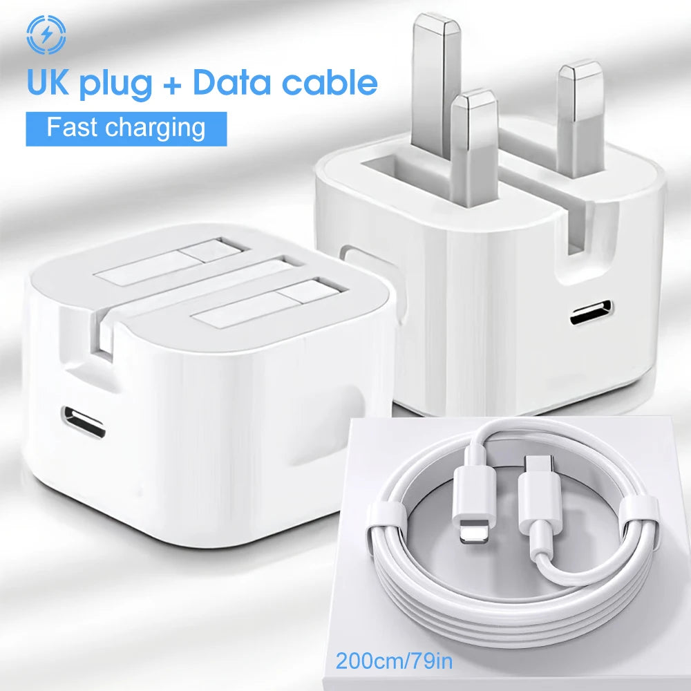 PD 20W Fast Charger with Lightning Cable - Foldable Phone Adapter for iPhone 14/13/12/11 Pro Max & iPad UK