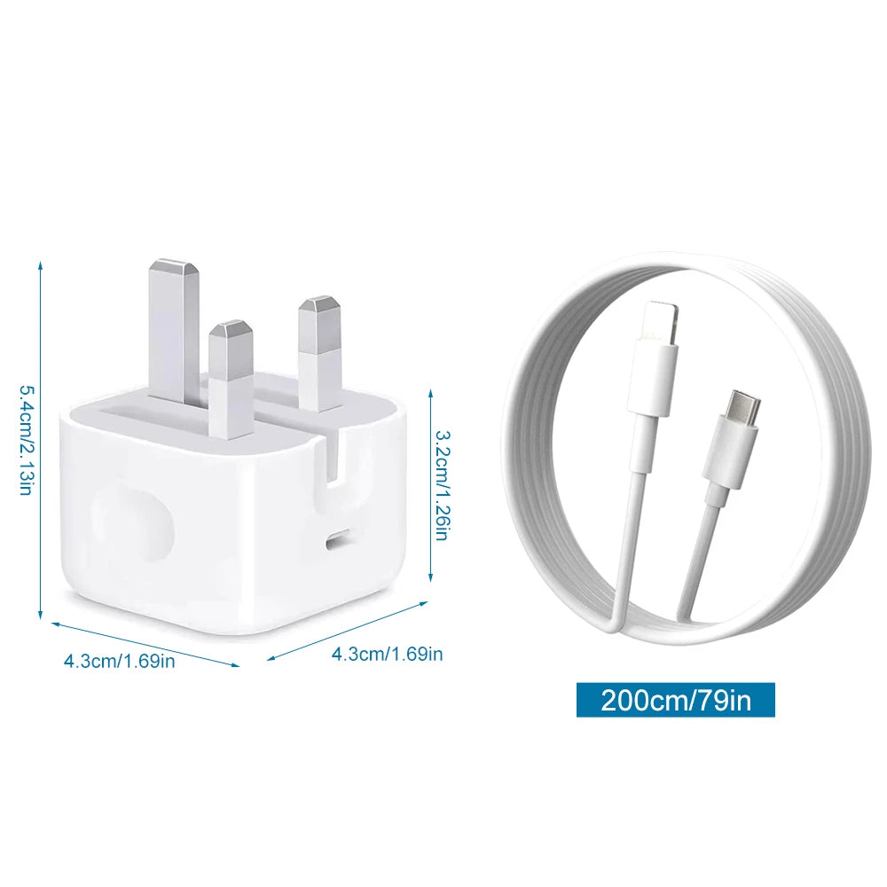 PD 20W Fast Charger with Lightning Cable - Foldable Phone Adapter for iPhone 14/13/12/11 Pro Max & iPad UK
