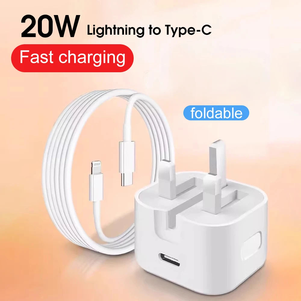 PD 20W Fast Charger with Lightning Cable - Foldable Phone Adapter for iPhone 14/13/12/11 Pro Max & iPad UK