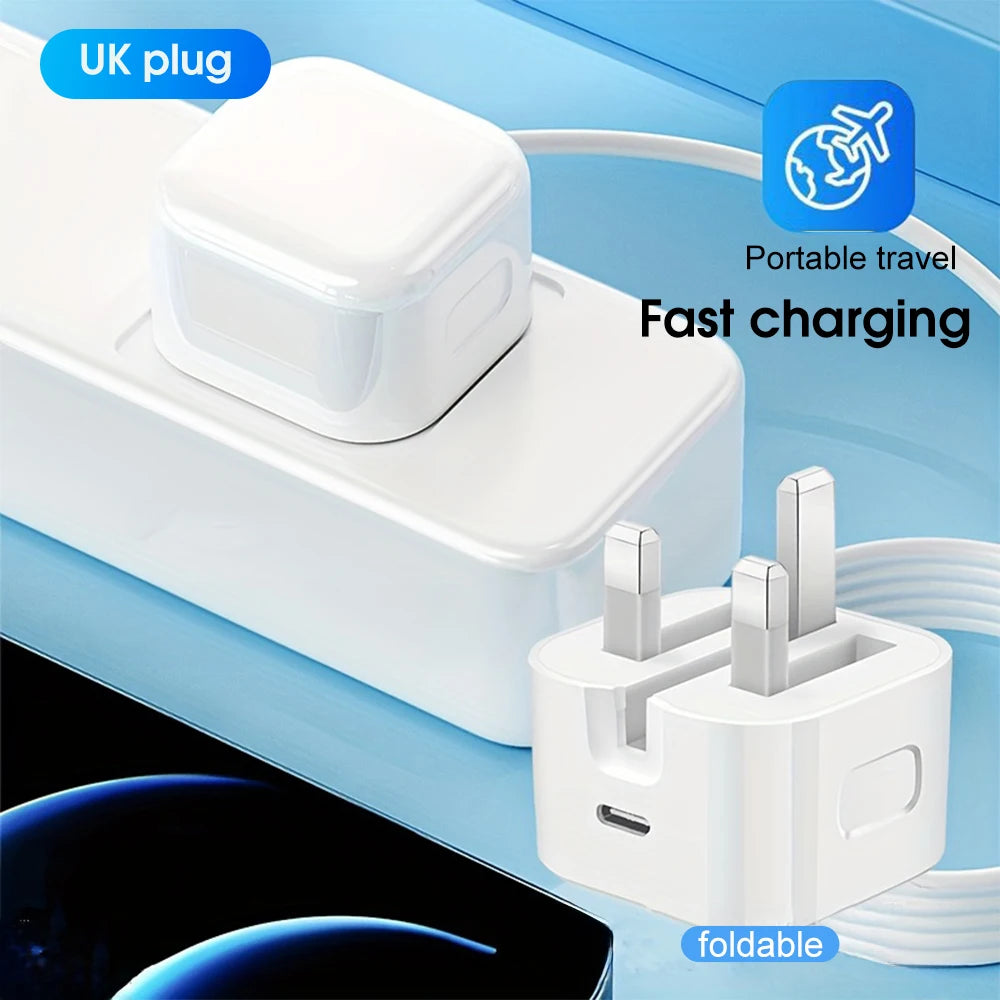 PD 20W Fast Charger with Lightning Cable - Foldable Phone Adapter for iPhone 14/13/12/11 Pro Max & iPad UK