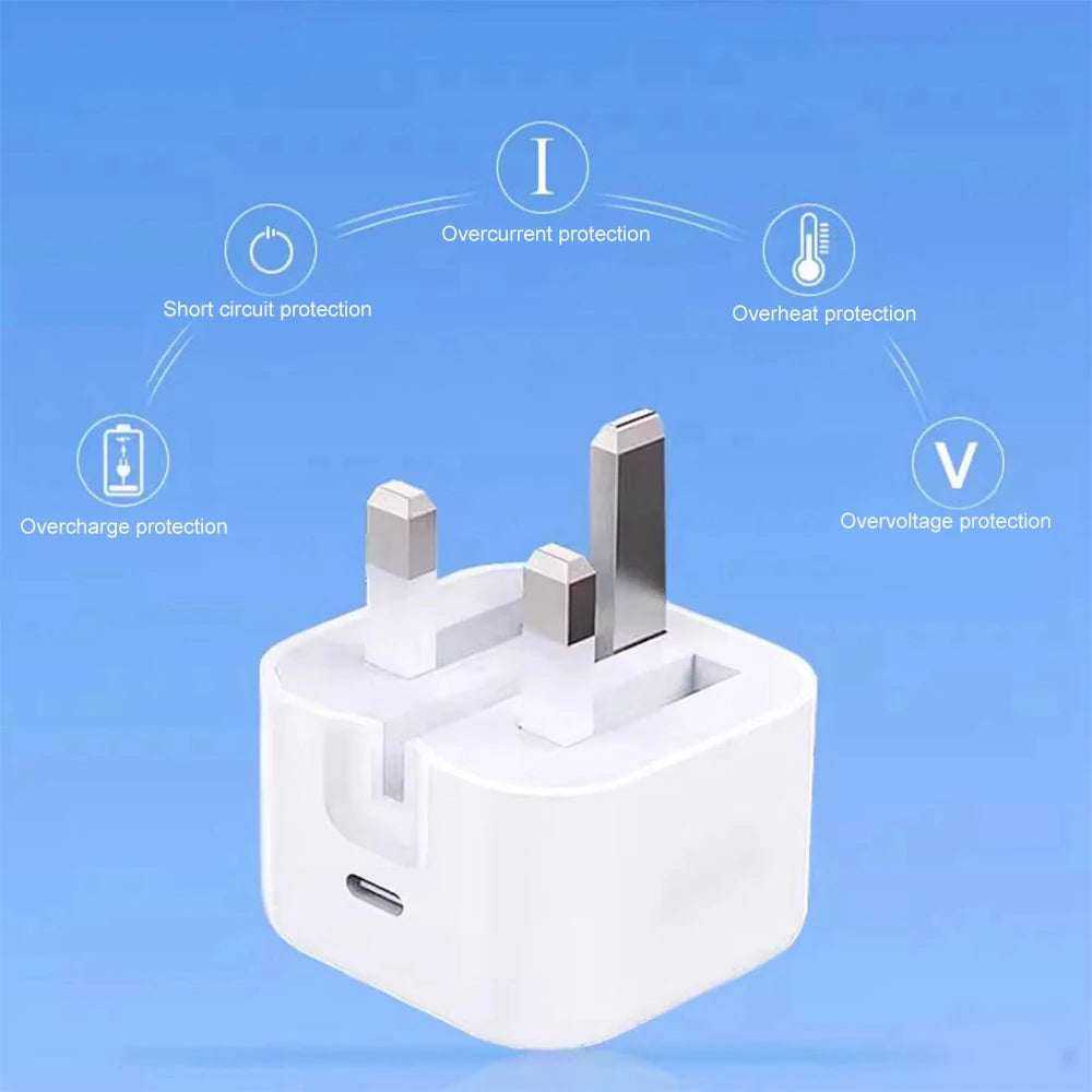 PD 20W Fast Charger with Lightning Cable - Foldable Phone Adapter for iPhone 14/13/12/11 Pro Max & iPad UK