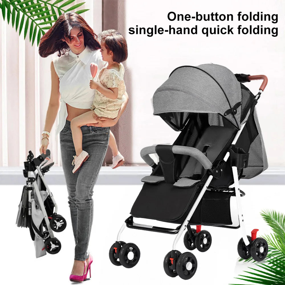 GerTong Lightweight Foldable Baby Stroller | One-Click Fold, Sit & Recline, Mosquito Net & Accessories Included — Black