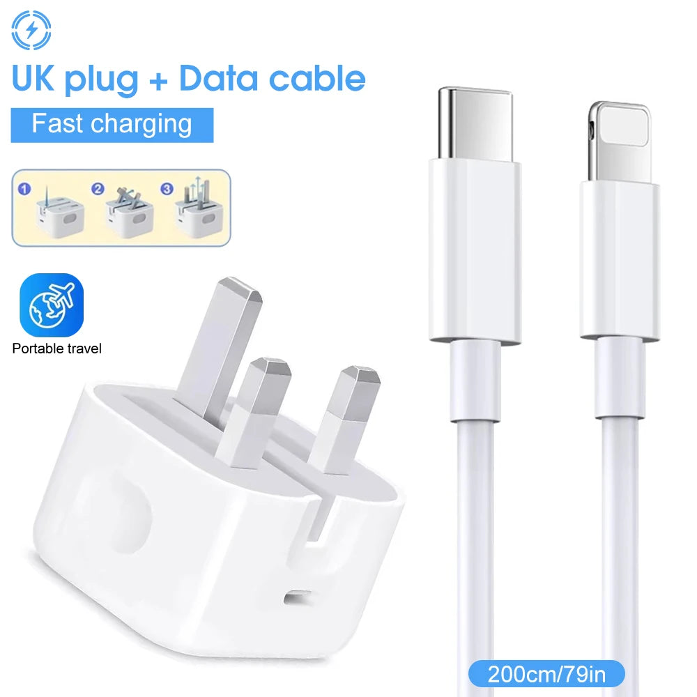 PD 20W Fast Charger with Lightning Cable - Foldable Phone Adapter for iPhone 14/13/12/11 Pro Max & iPad UK