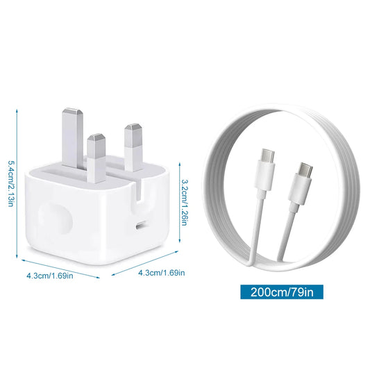 White plug adapter and cable with dimensions on a white background
