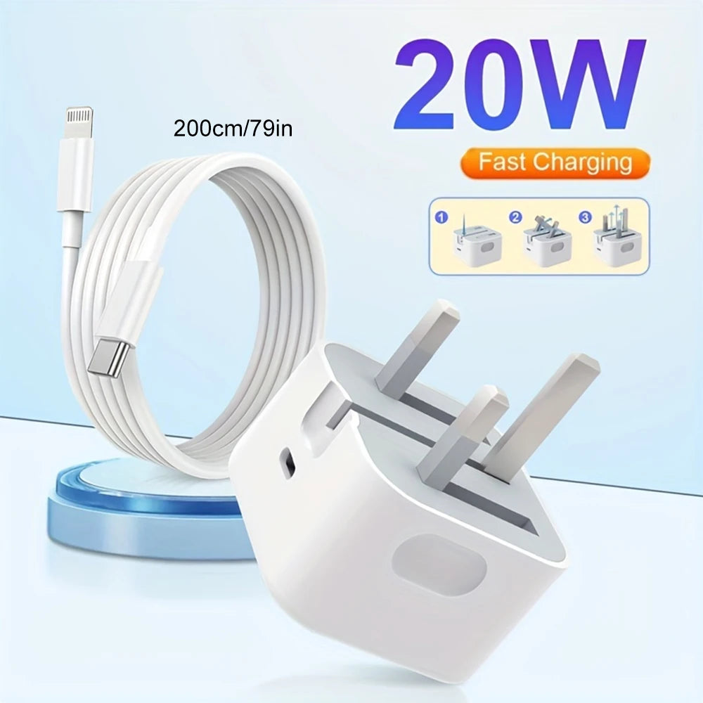 PD 20W Fast Charger with Lightning Cable - Foldable Phone Adapter for iPhone 14/13/12/11 Pro Max & iPad UK