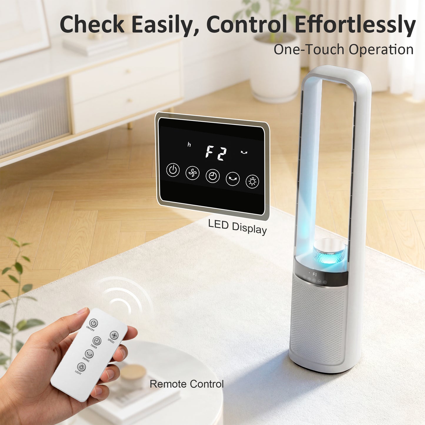 HOMCOM 93cm Bladeless Tower Fan with LED Mood Light | 36dB, 6m/s, 45° Oscillation, 12H Timer, Remote — White