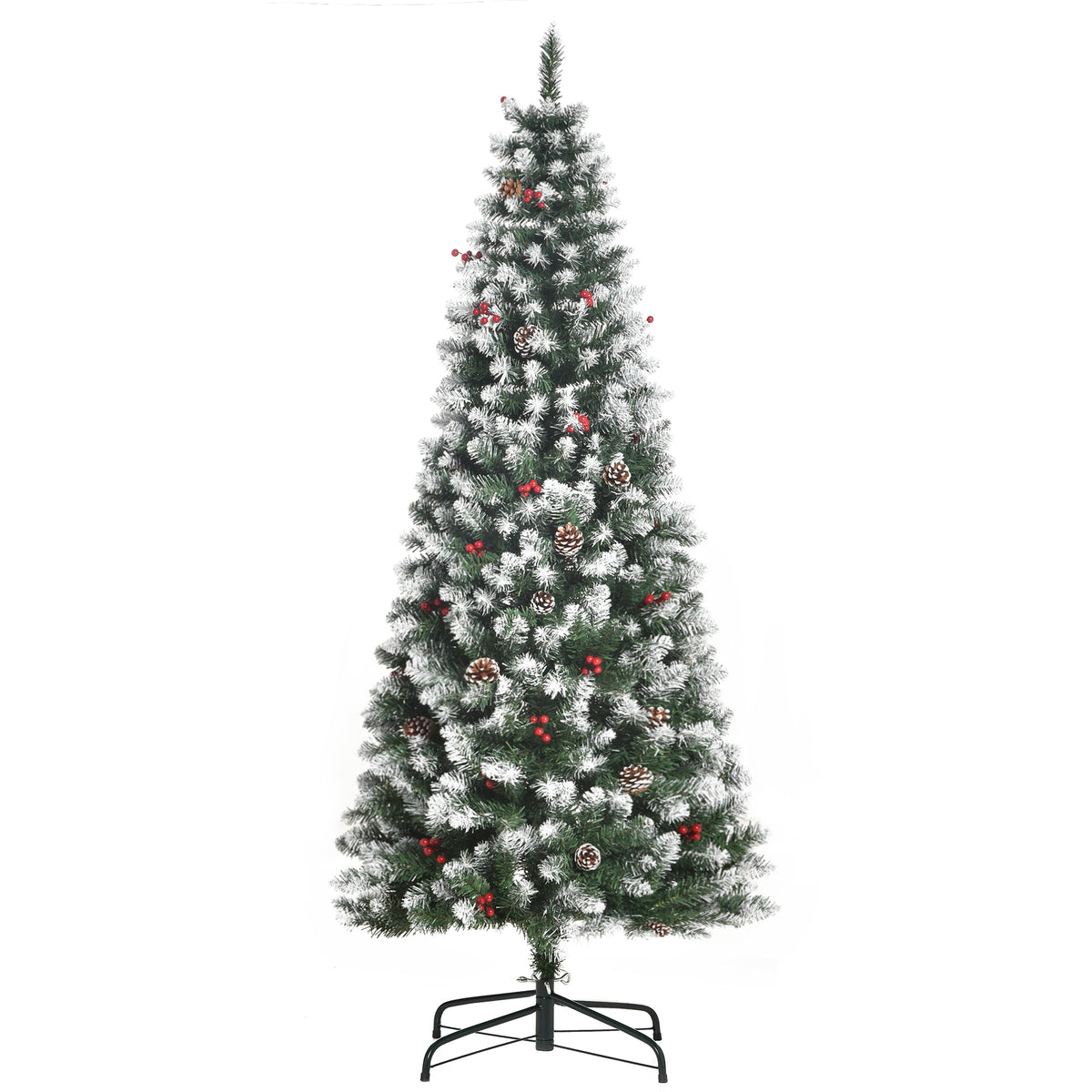 HOMCOM 6FT Artificial Christmas Tree Xmas Pencil Tree with Red Berries and Pinecones Holiday Home Indoor Decoration with Foldable Feet, Green