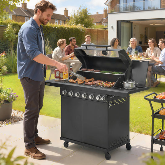 Outsunny six plus one burner gas barbecue grill in black - product view 2