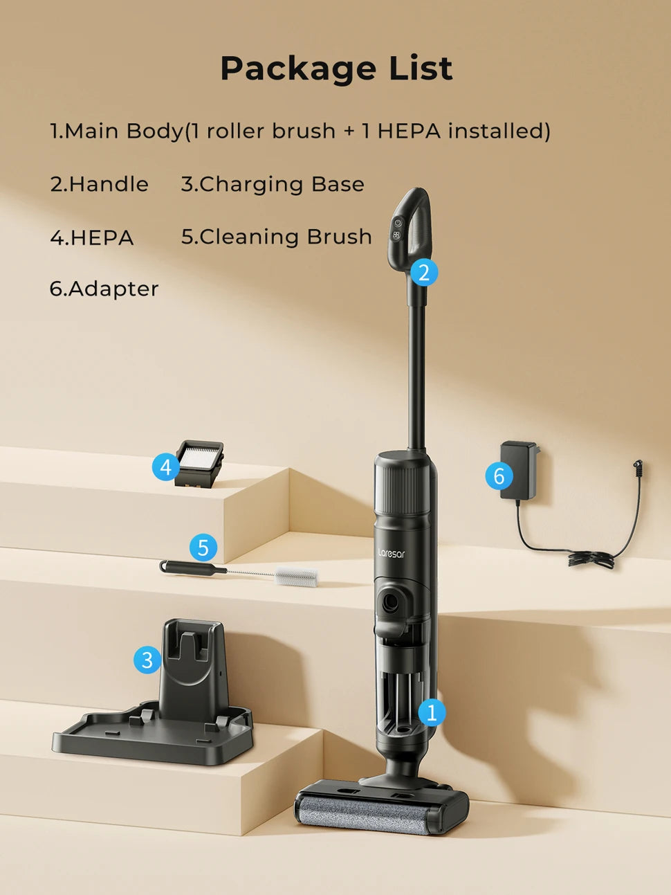 Laresar M3 Cordless Wet Dry Vacuum Cleaner Mop Edge Cleaning 55min Auto Suction Floor Washer Self-Cleaning Smart Home