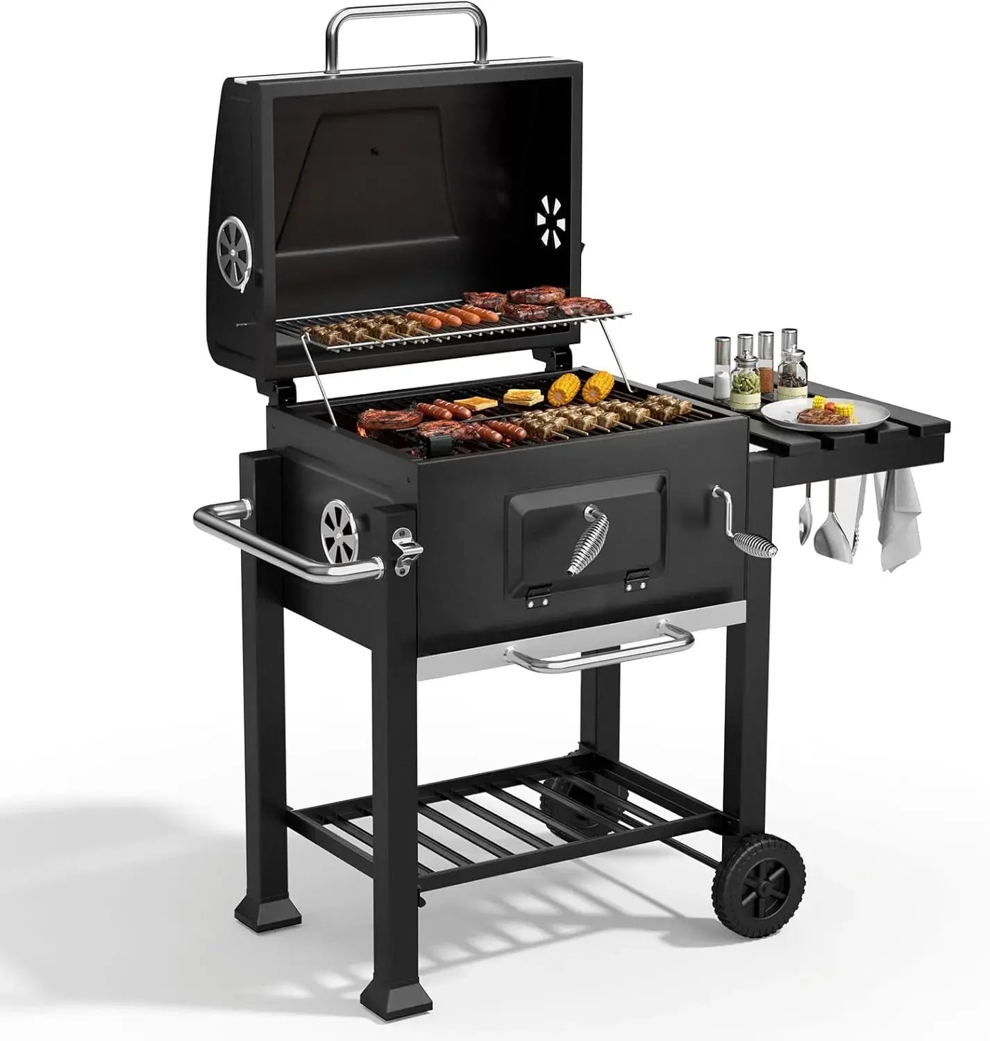 Portable Charcoal Grill with Wheels & Folding Table | Built-in Thermometer Adjustable Charcoal Tray BBQ Smoker