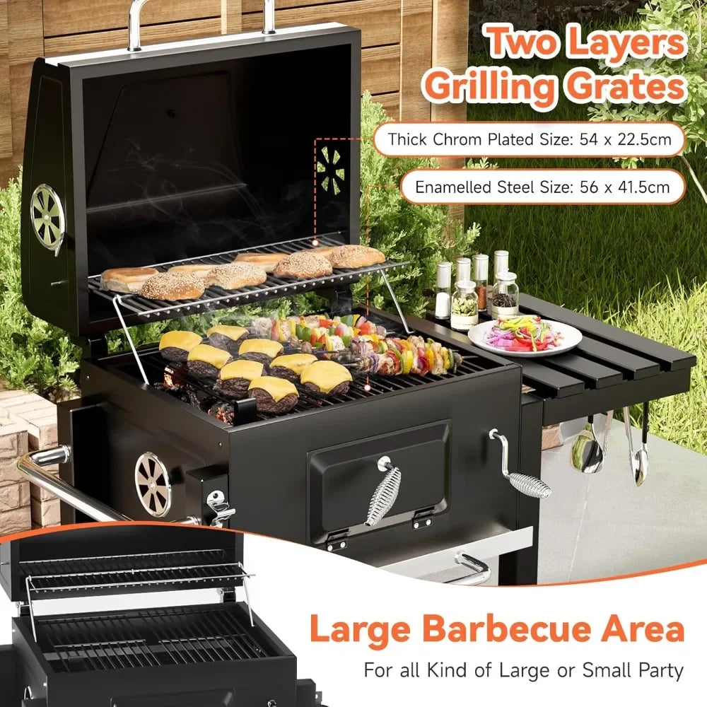 Portable Charcoal Grill with Wheels & Folding Table | Built-in Thermometer Adjustable Charcoal Tray BBQ Smoker