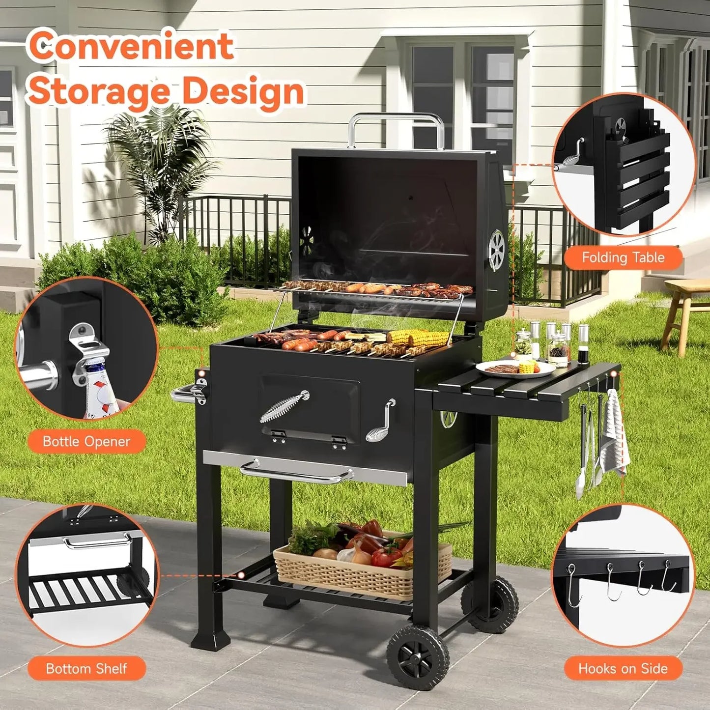 Portable Charcoal Grill with Wheels & Folding Table | Built-in Thermometer Adjustable Charcoal Tray BBQ Smoker