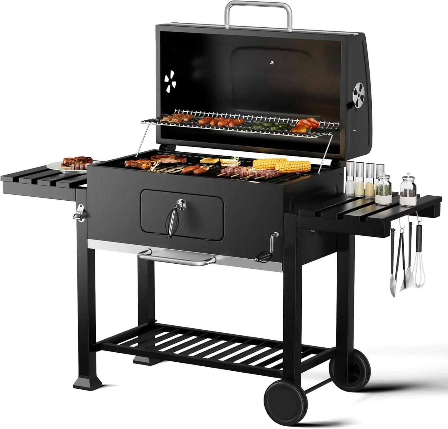 Portable Charcoal Grill with Wheels & Folding Table | Built-in Thermometer Adjustable Charcoal Tray BBQ Smoker