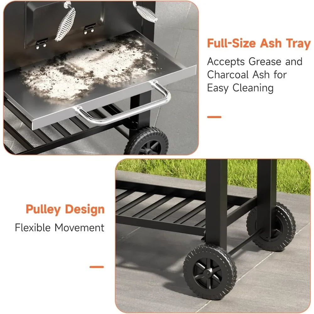 Portable Charcoal Grill with Wheels & Folding Table | Built-in Thermometer Adjustable Charcoal Tray BBQ Smoker