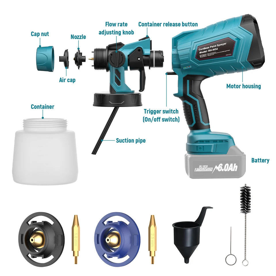1000ML Cordless Paint Sprayer – Compatible with Makita BL1830 BL1840 BL1850 BL1860 Batteries – Adjustable Flow & 3 Spray Patterns