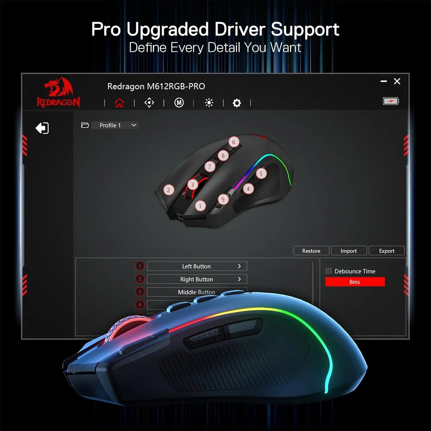 Redragon M612 PRO Wireless Gaming Mouse - 8000 DPI RGB Gaming Mouse with 11 Programmable Buttons for UK Gamers