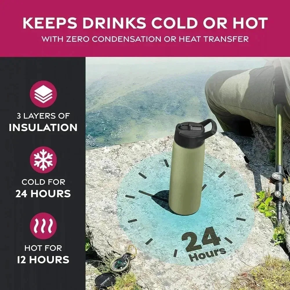Triple Walled Insulated Water Bottles with Straw 25 Oz Stainless Steel Metal Bottle Leak Proof Lids Army Green